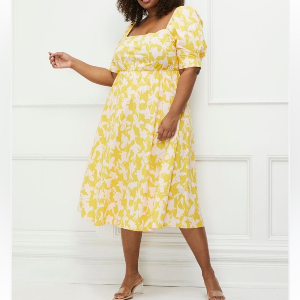 ELOQUII Elements Blossom Print Fit and Flare Dress with Puff Sleeve’s Sz…